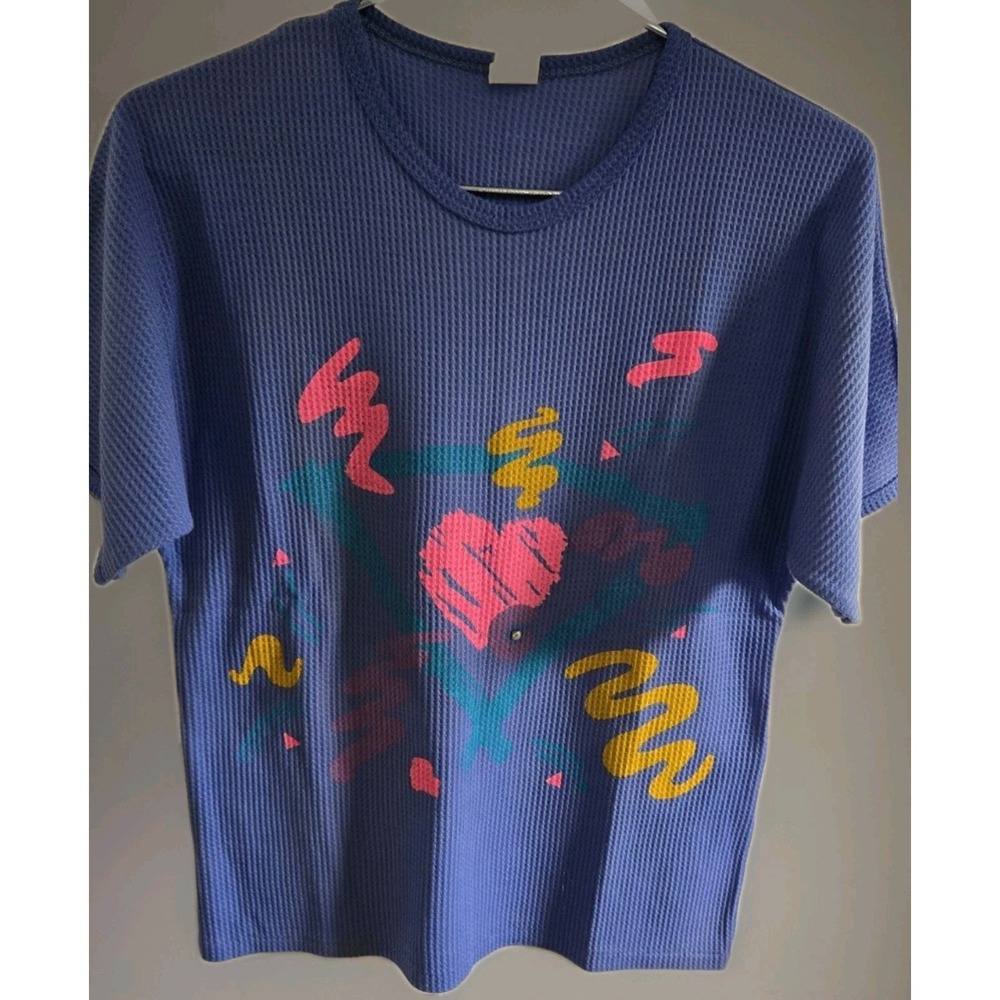 Vintage 80s Memphis Heart Waffle‎ Knit Top Neon Abstract USA Made Size S/M